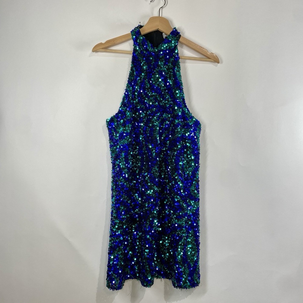 Zara Sequin Sparkle Halter Mini Dress Size S HOCO Party Festival Blue Green